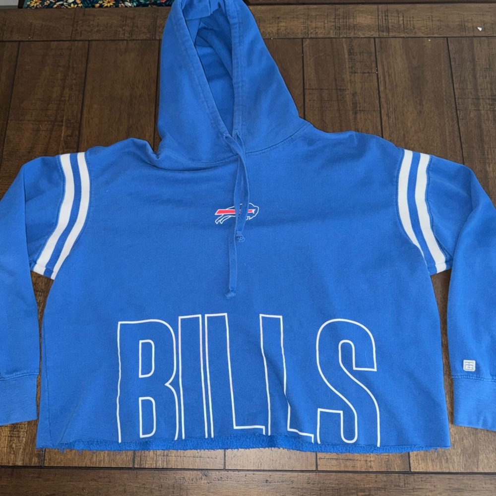 Blue Boxy Crop Hoodie with White Stripes